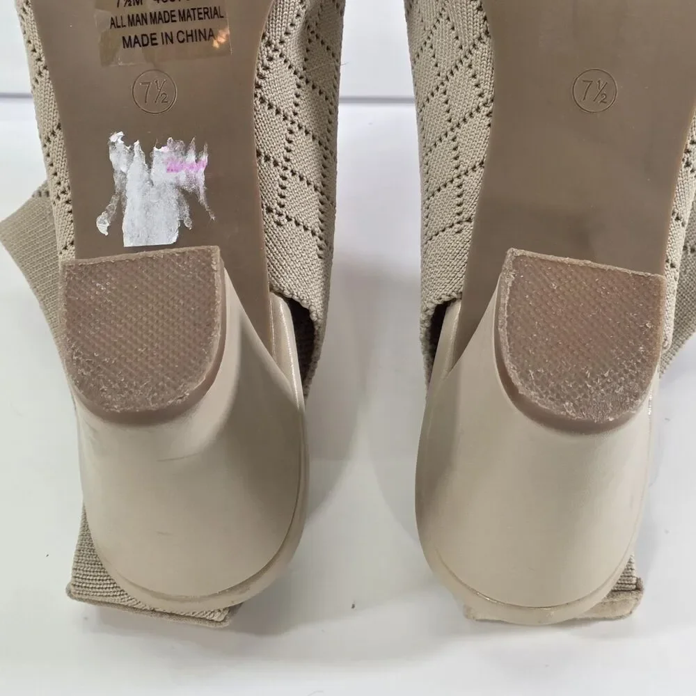 Versona Comfort Nude Knit Block Heel Sandals 7.5 Peep Toe Quiet Luxury...